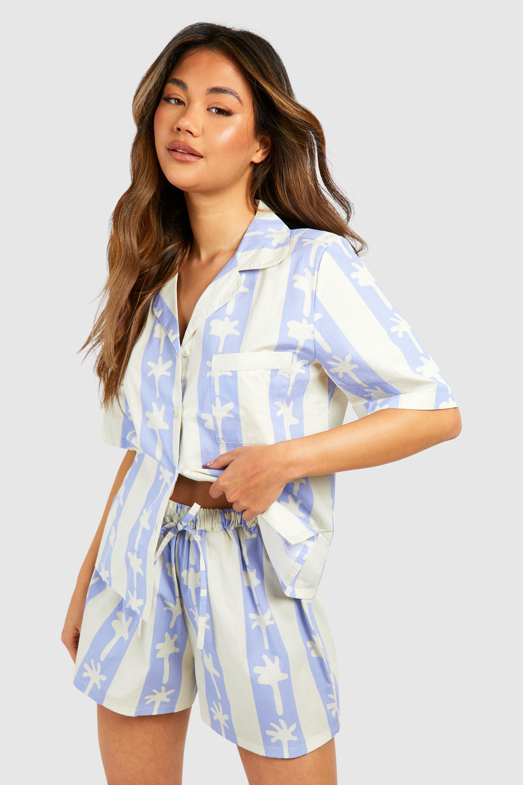 Womens Cotton Poplin Stripe Palm Print Short Sleeve Shirt - Blue - 10, Blue